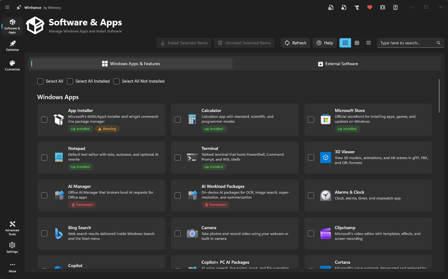 Winhance Software & Apps screen listing Windows apps and third-party software